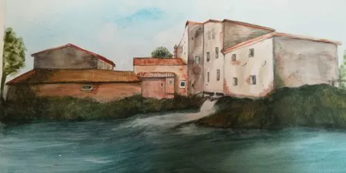 Acquerello  raffigurante il complesso molitorio visto dal retro sul fiume Tartaro